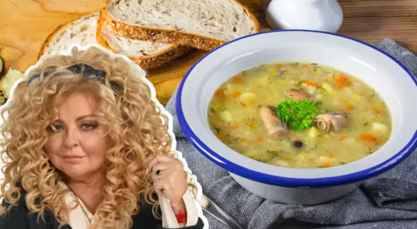 Magda Gessler poleca swój pyszny krupnik. Aromatyczna zupa z kaszą, warzywami i mięsem, podana z chlebem.